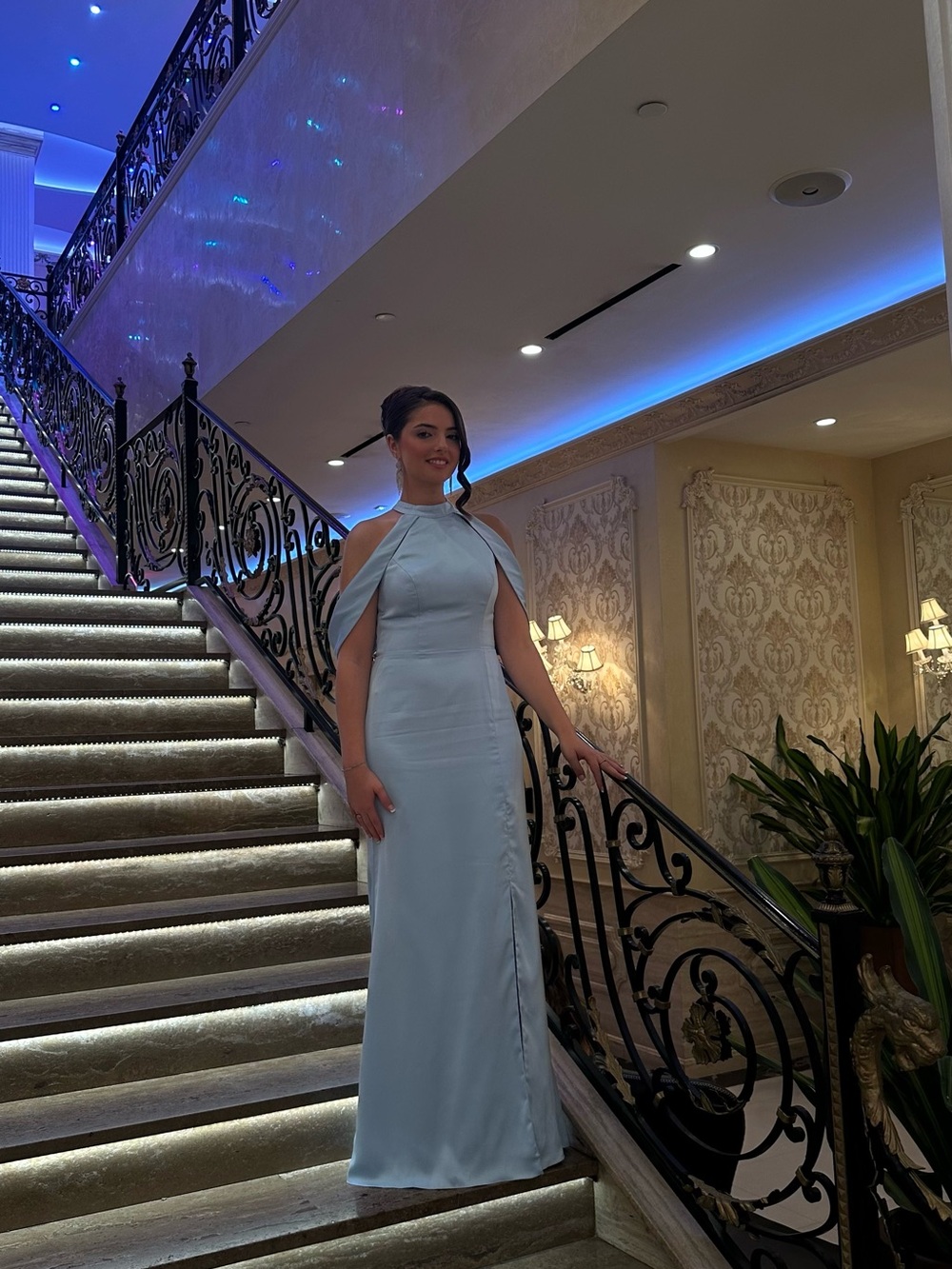 Azazie Pale Blue Halter Prom Gown with Capelet